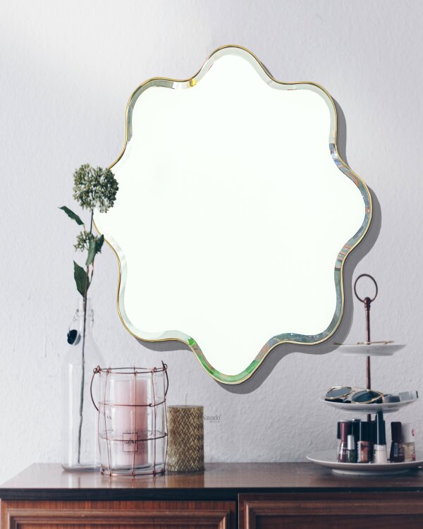 Fancy mirror 31.5 inch big silver-coated mirror with PVD-coated metal frame irregular shape mirror beveled glass for living room, entryway, home house office