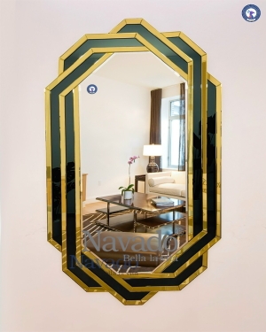 Full length living room mirror with black and gold frame