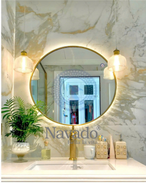 Round LED mirror with gold metal frame for bathroom wall NAV 3058