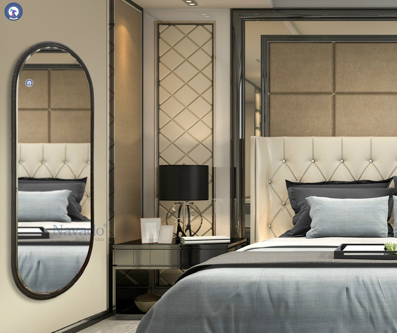Full-length wall-mounted mirror with black frame