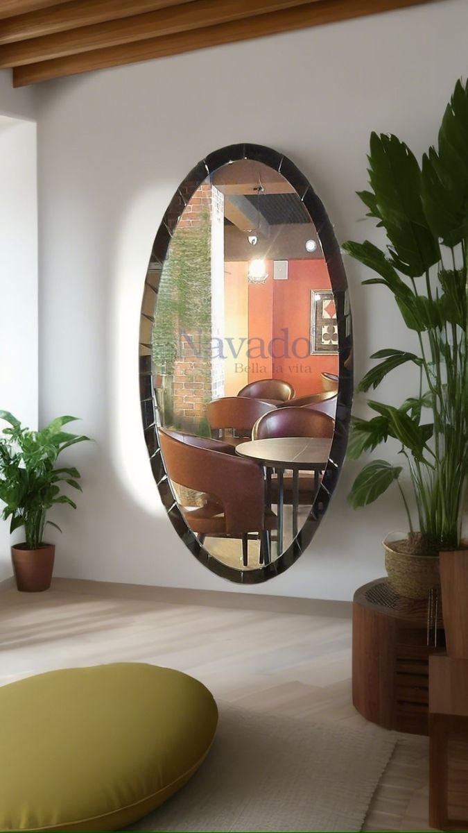 Luxurious full-length mirror hanging on the living room wall