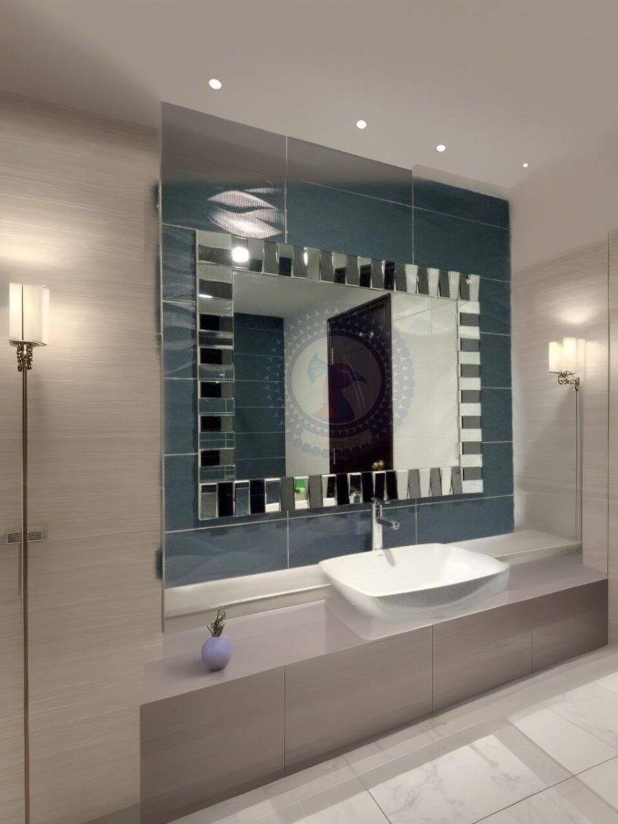 Large rectangular high-class art mirror hanging on the bathroom wall NAV 2209