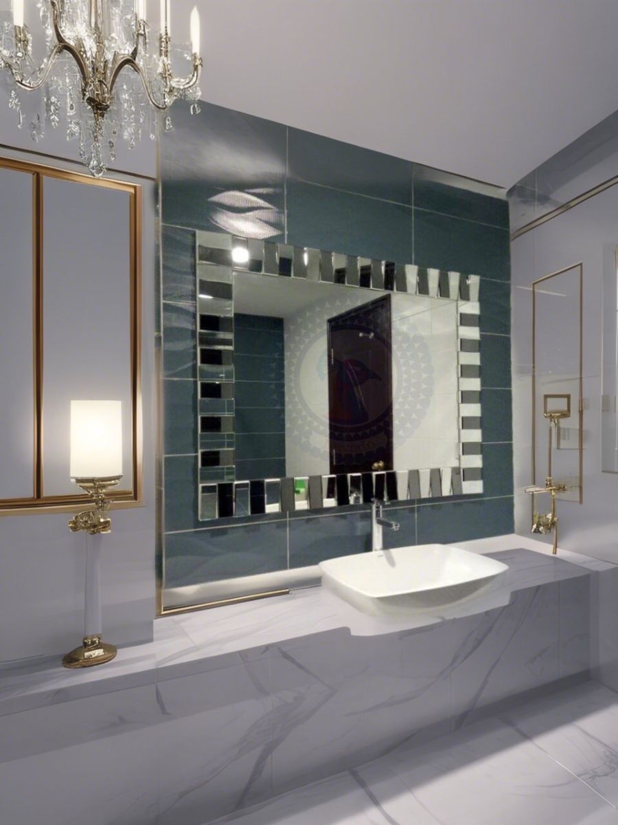 Large rectangular high-class art mirror hanging on the bathroom wall NAV 2209