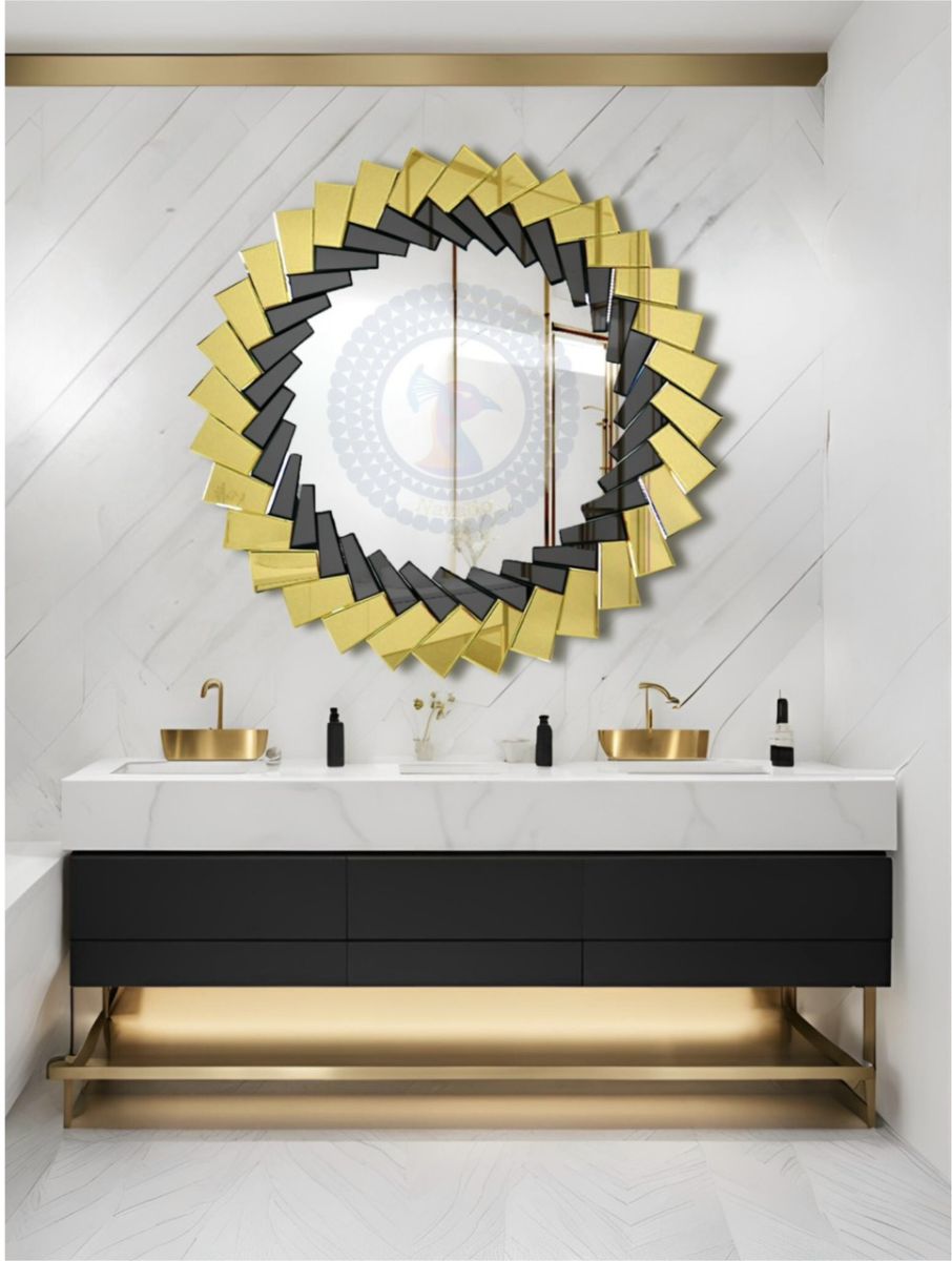 Round gold framed art bathroom wall mirror
