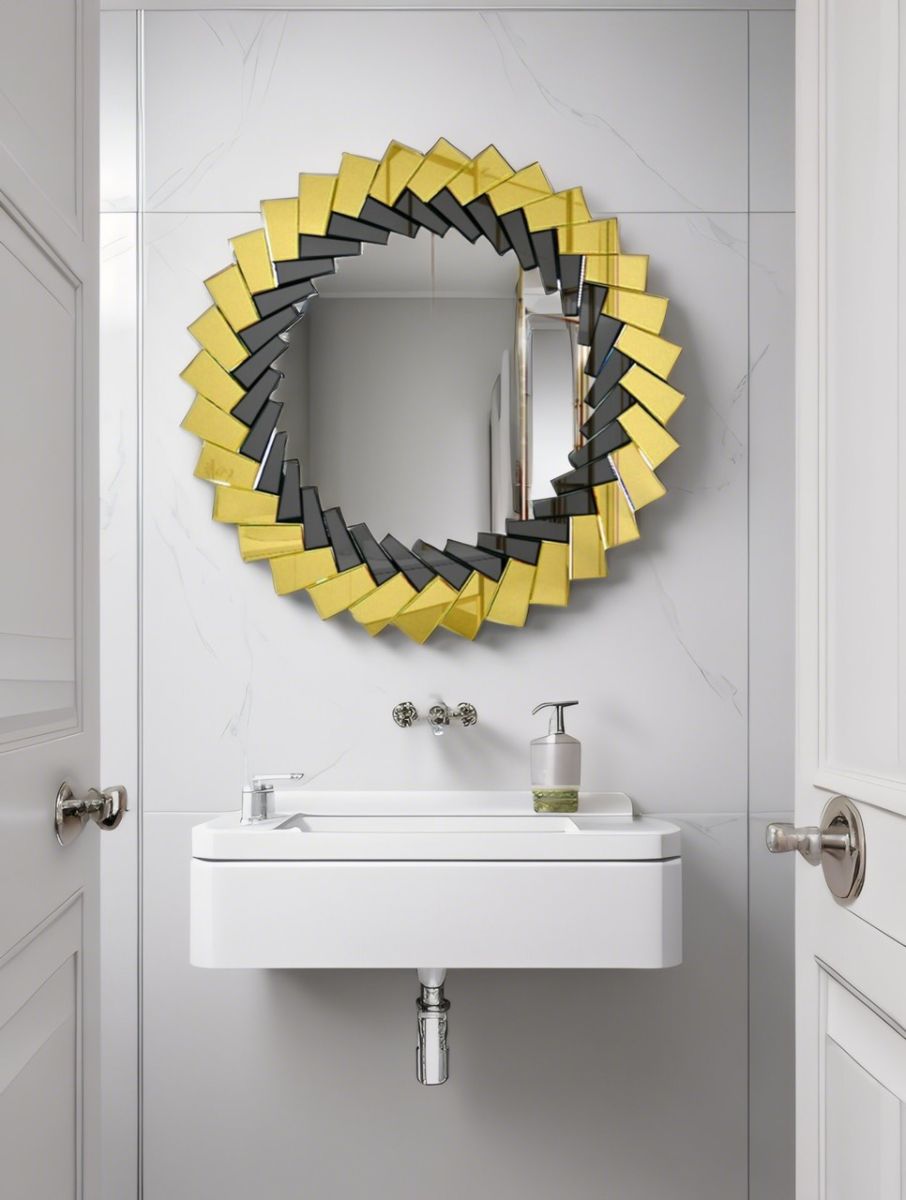 Round gold framed art bathroom wall mirror
