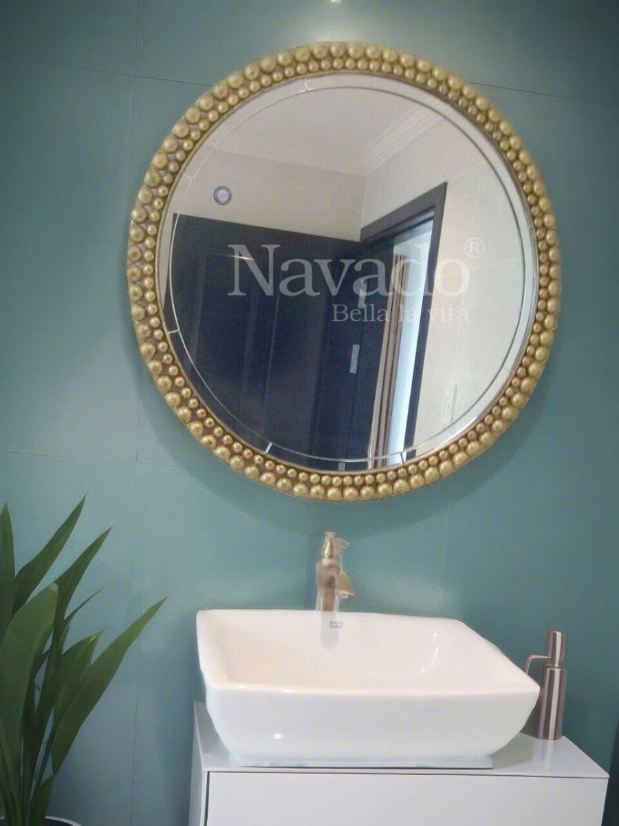 Round metal bead frame bathroom wall art mirror