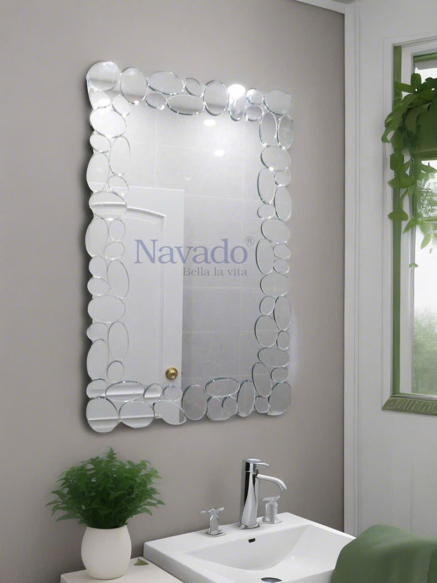 Bathroom wall mirror with NAV2121 art beaded frame
