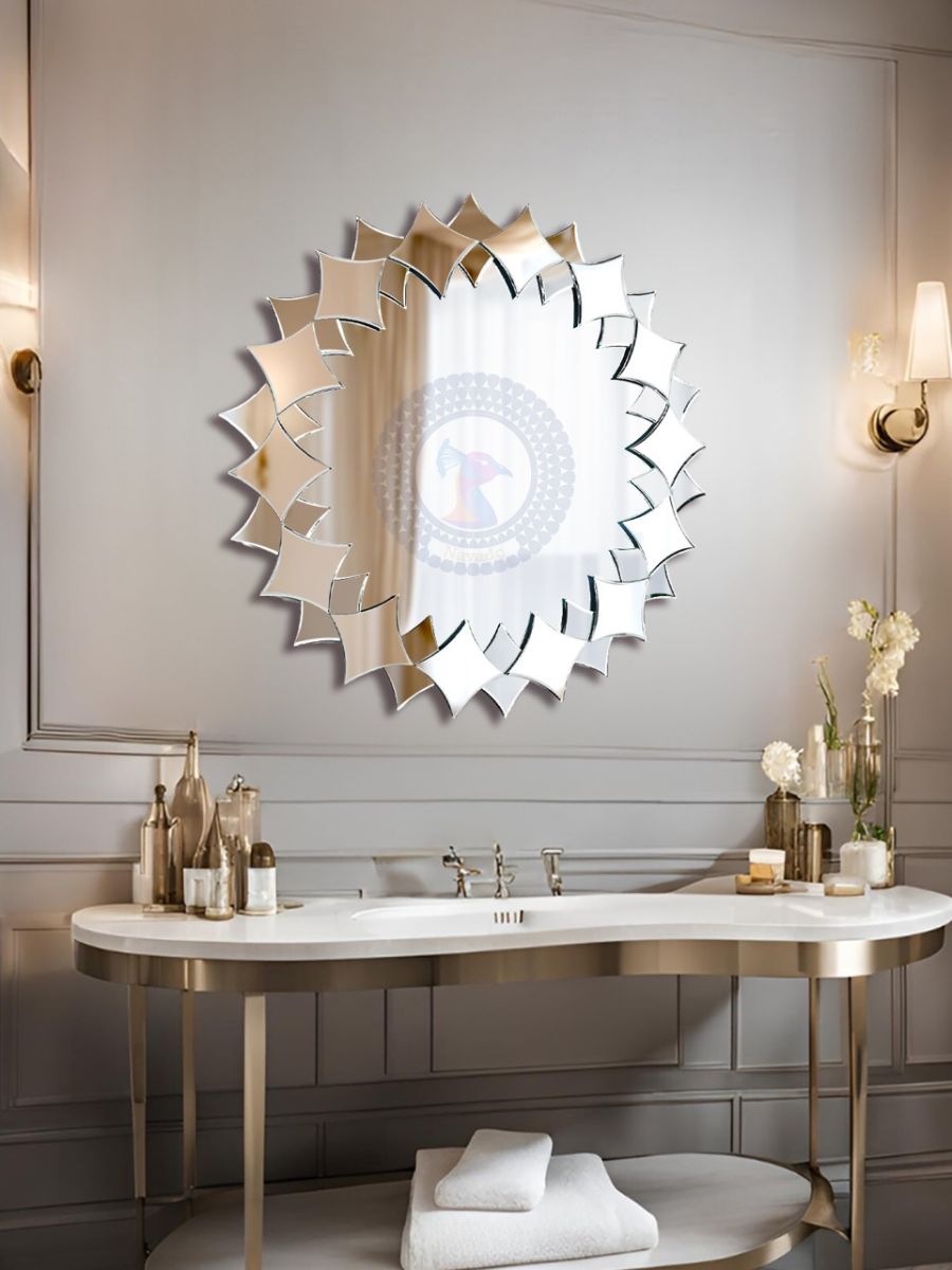 Artistically polished round bathroom mirror