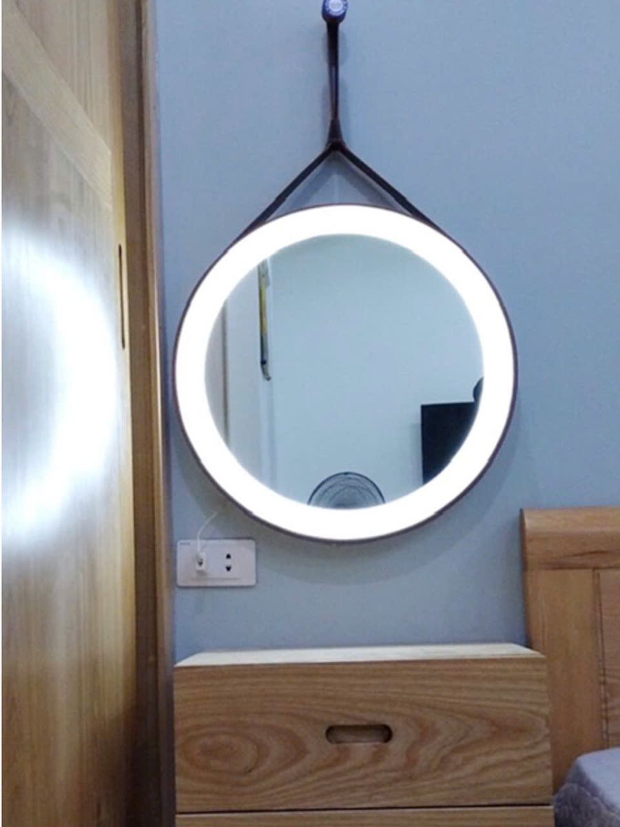 Round LED Wall Mounted Makeup Mirror with Leather Strap