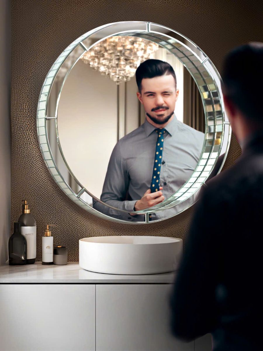 Round hand-polished mirror for bathroom wall hanging